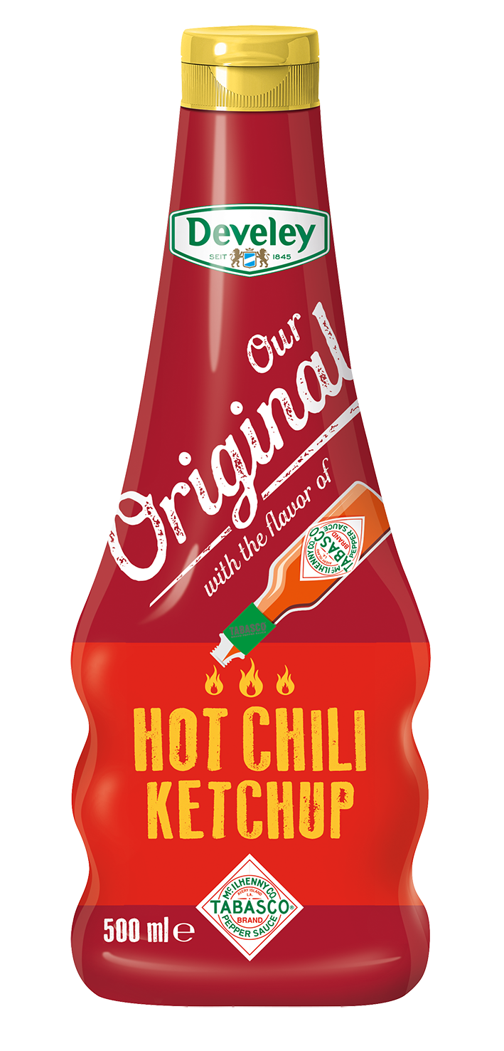 Hot Chili Ketchup in der 500ml Squeeze von Develey und Tabasco, Extra scharf & tomatig, vegan, vegetarisch, 
