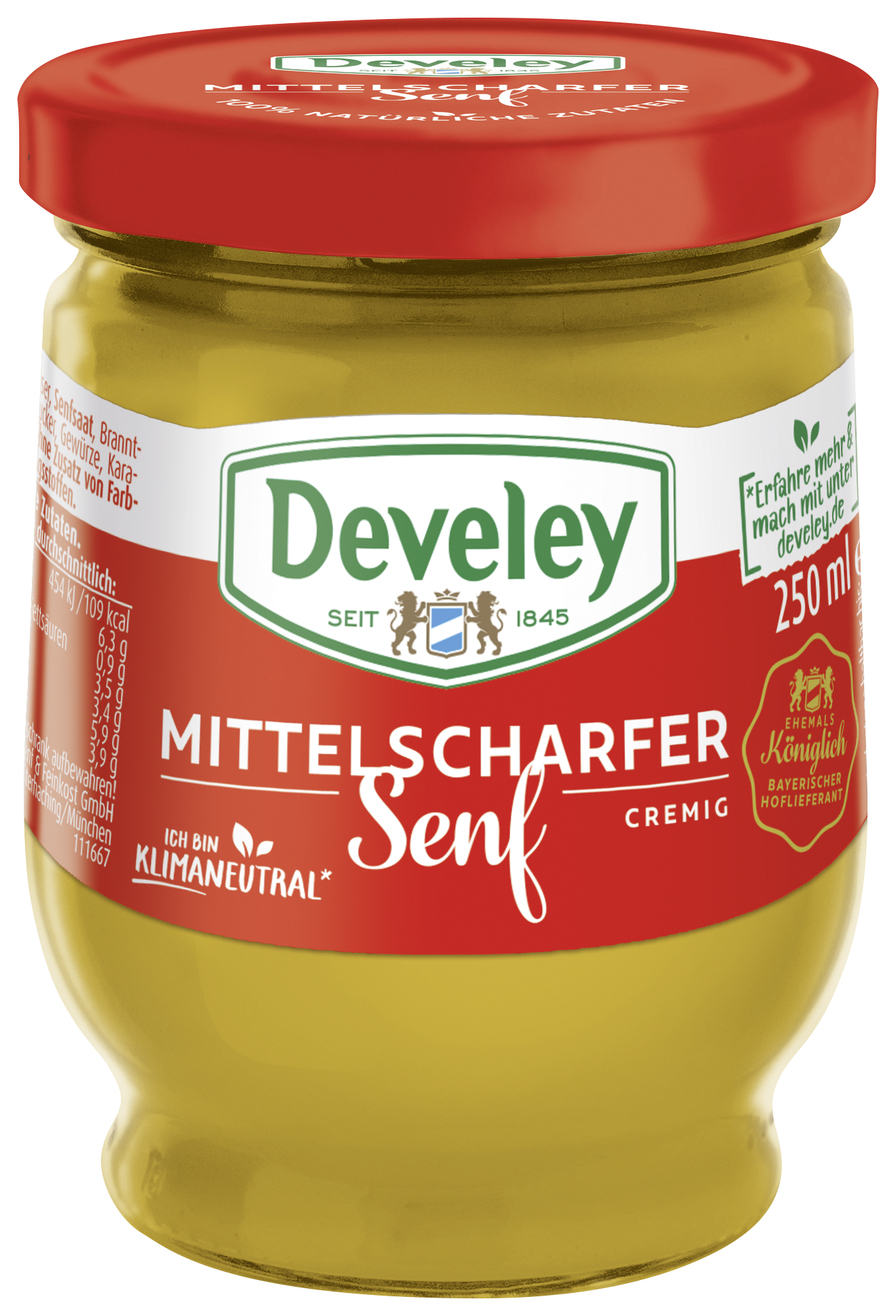Mittelscharfer Senf im 250ml Glas von Develey, cremig & würzig, klimaneutral, vegan, vegetarisch