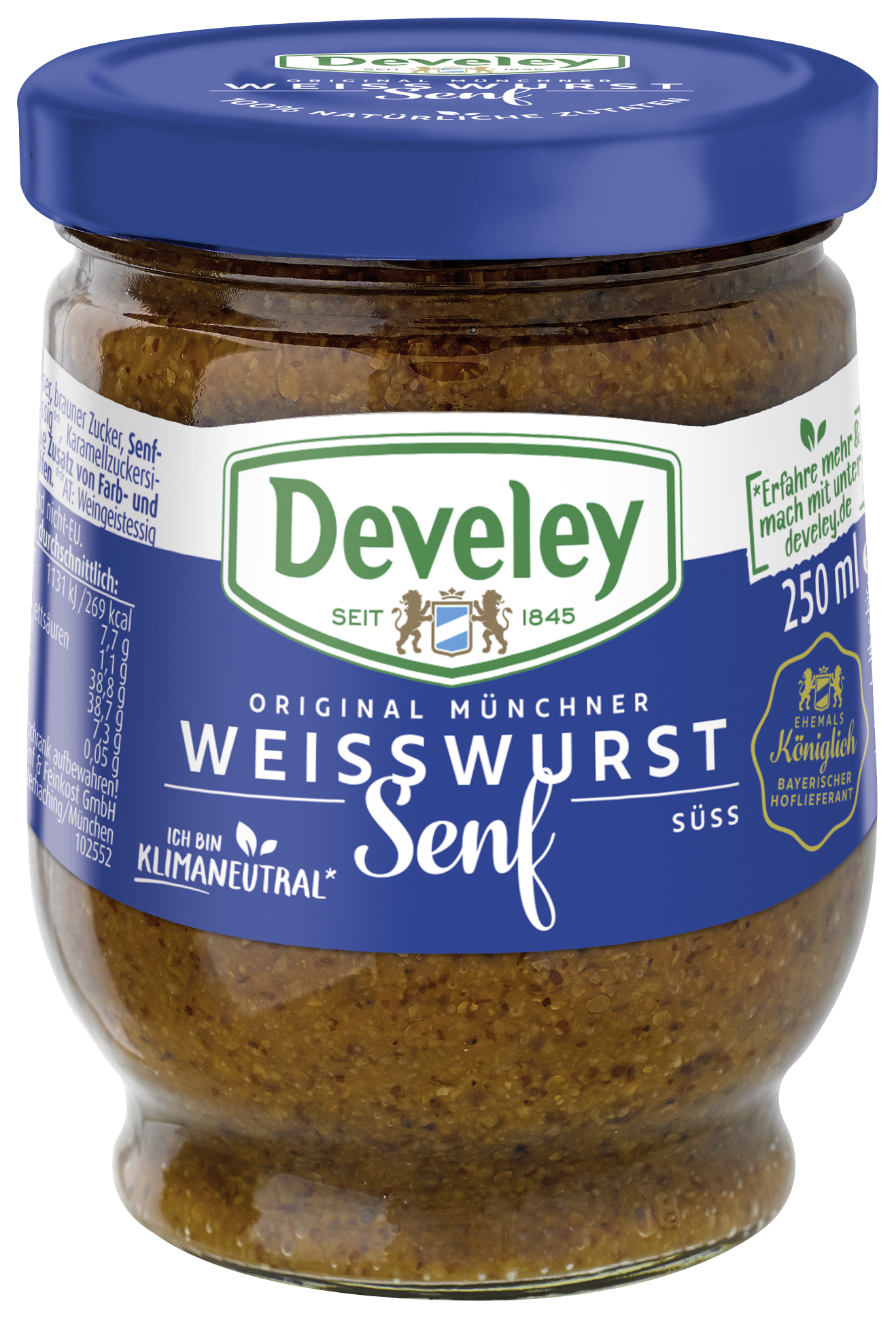Süßer Weißwurst Senf im 250ml Glas von Develey, körnig süß, klimaneutral, vegan, vegetarisch