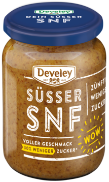Süßer Weißwurst Senf SNF im 335ml Glas von Develey, körnig süß, klimaneutral, vegan, vegetarisch, 30% weniger Zucker