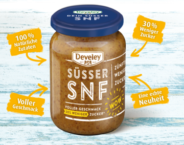 Die USP vom süßen Senf SNF: 30% weniger Zucker, 100% natürlich Zutaten, neu und voller Geschmack