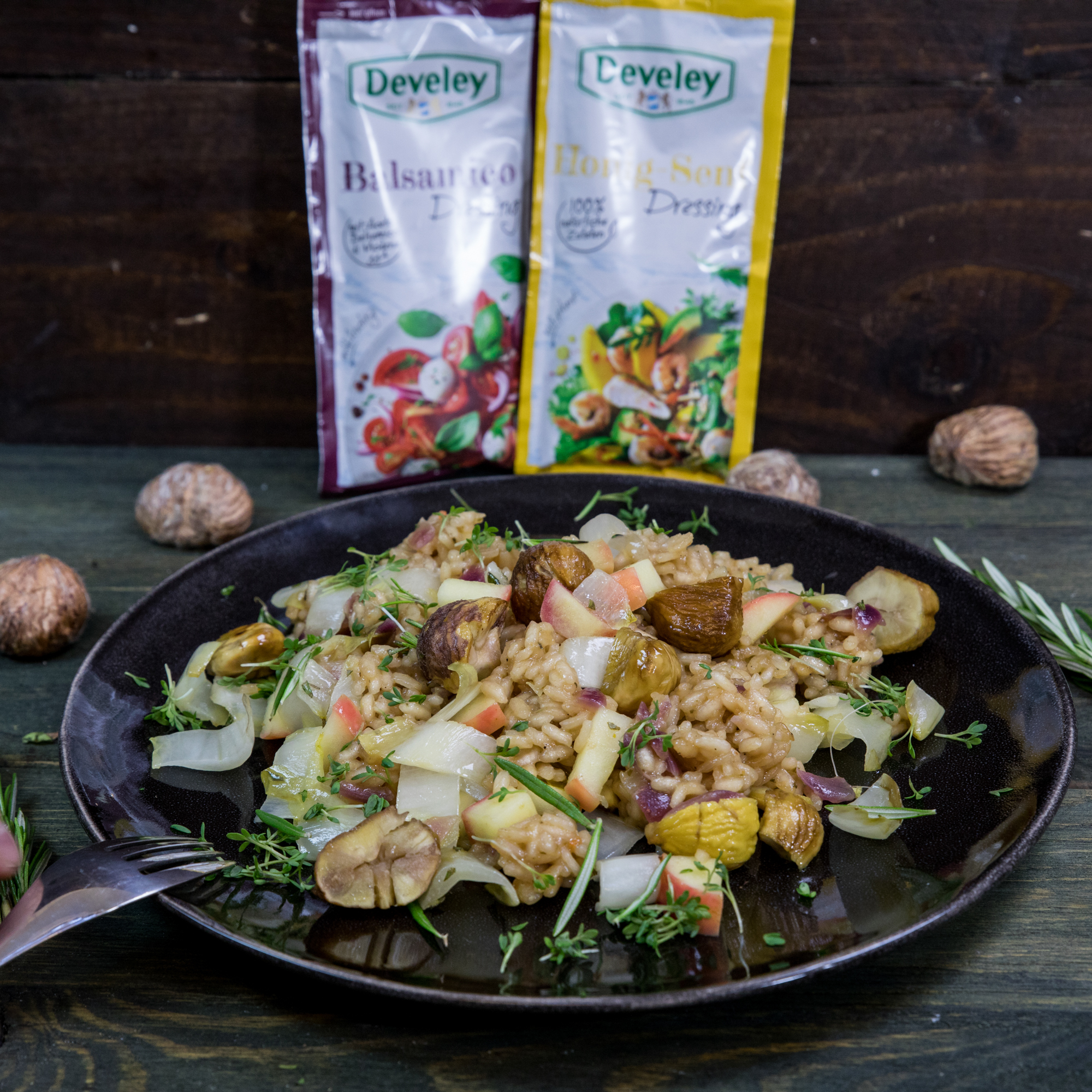 Rezept, Gericht von Develey: Apfel-Maronen-Risotto mit Balsamico Dressing