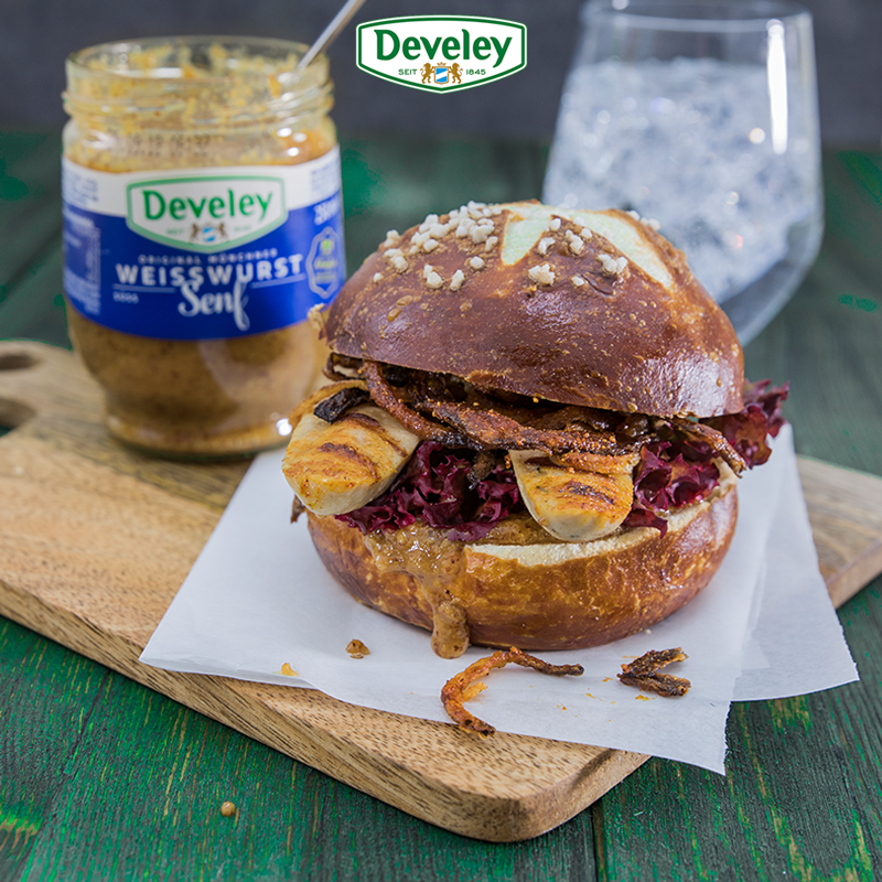 Rezept, Gericht von Develey: Weißwurstburger mit leckerer süßen Senf, Weißwurstsenf
